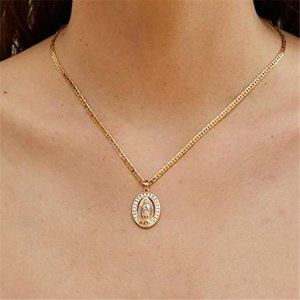 18K Gold Plated Three-Tone Crystal Mother Mary Pendant Necklace |  24 Inch